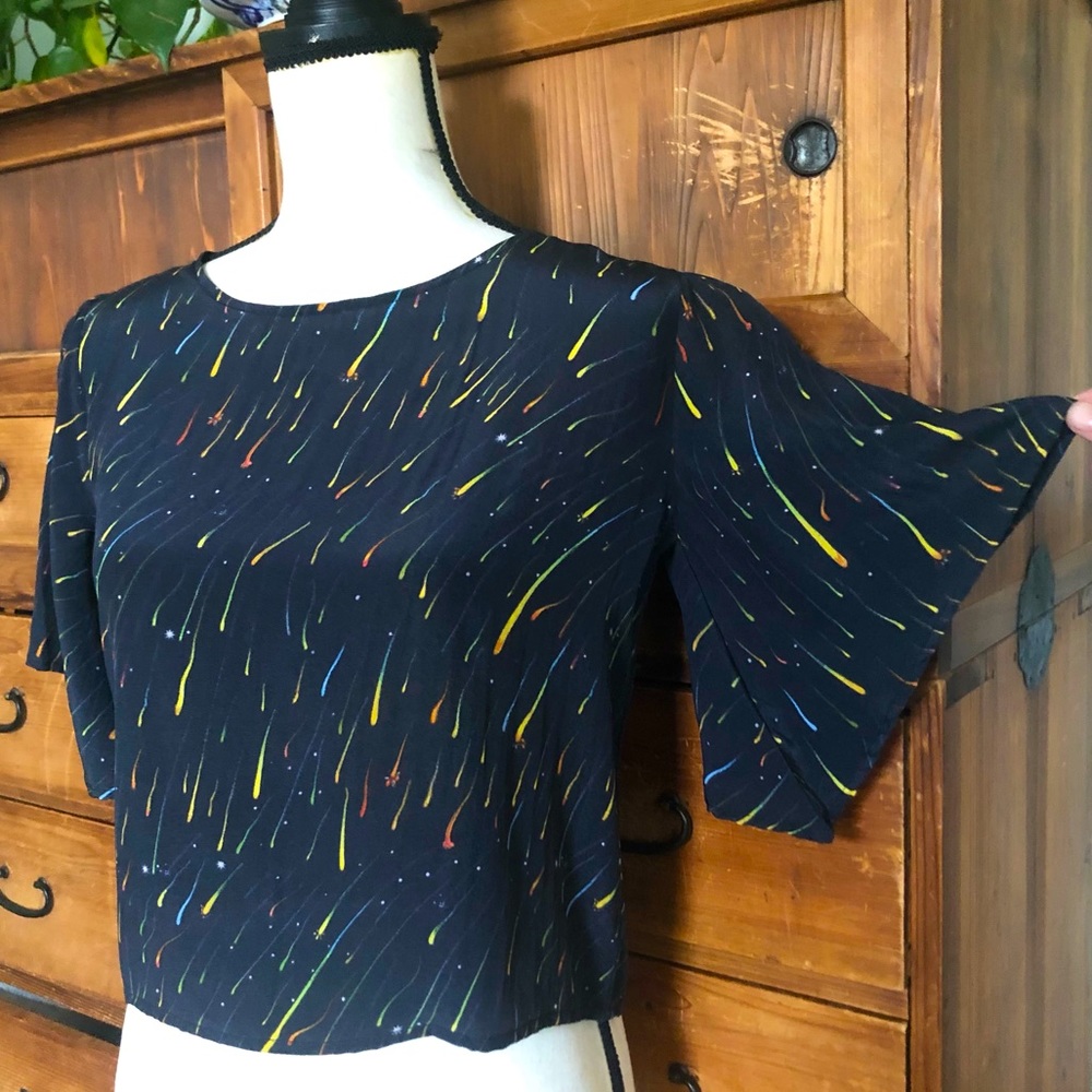 Samantha Pleet Silk Shooting Stars Blouse XS Cropped Navy Blue 2014